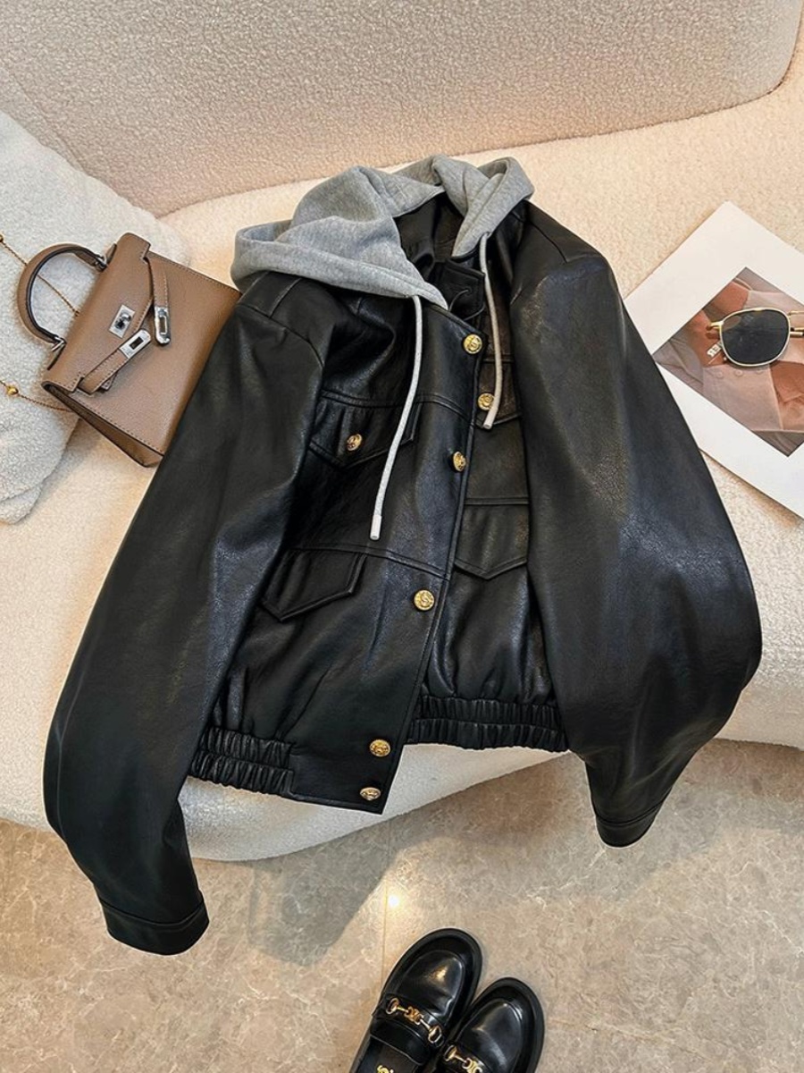 プラスサイズルーズ 300 ポンド脂肪 MM 偽ツーピースフード付きジャケット秋冬カジュアルヴィンテージオートバイ服ジャケットトップ