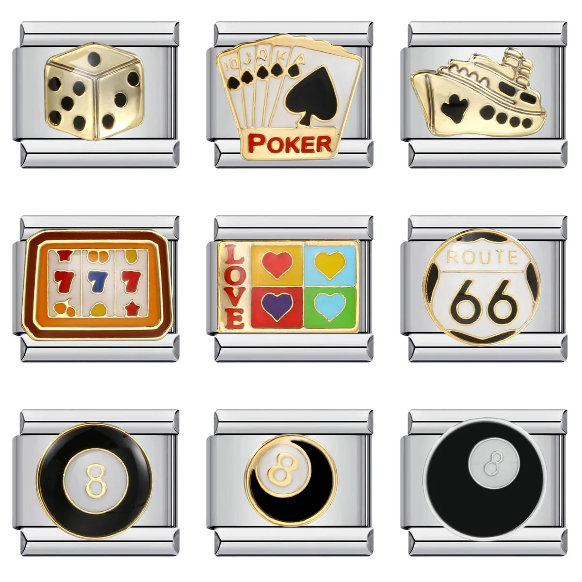 Dijes de billar de póker con dados de dólar esmaltados coloridos a la moda, eslabones italianos, pulseras de 9mm, brazalete de acero inoxidable, fabricación de joyería DIY