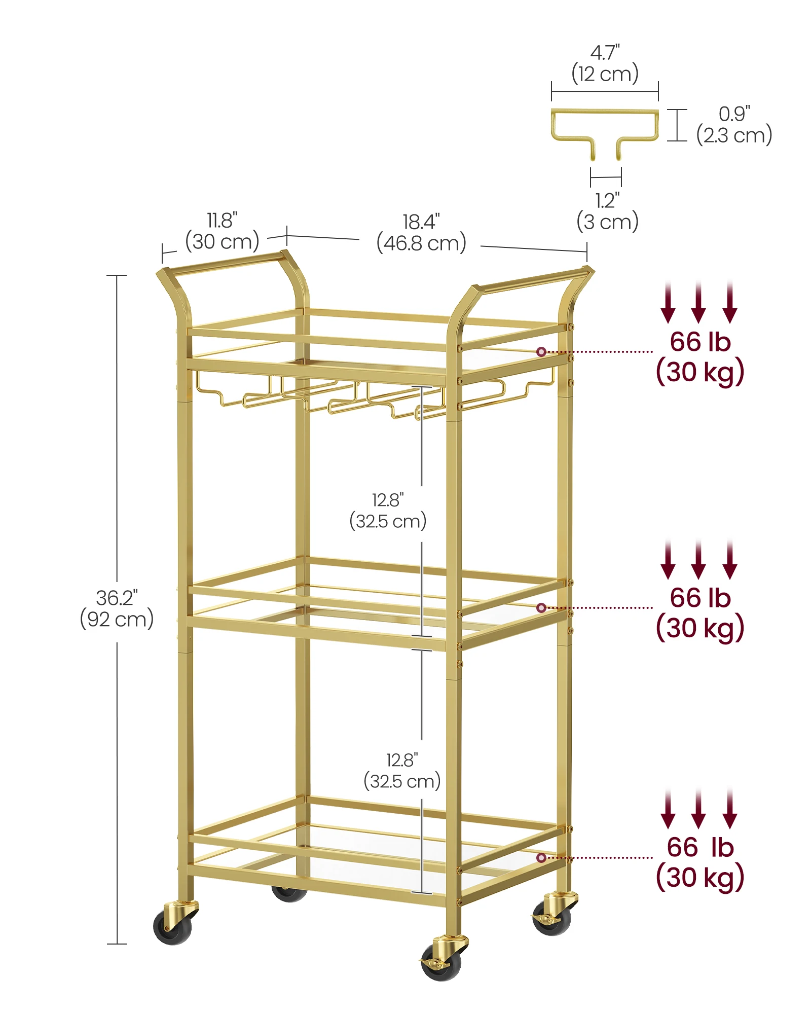 VASAGLE Bar Cart, Home Bar Serving Cart, Small Bar Cart with 3-Tier Shelf, Wine Holders, Glass Holders, Mini Bar Cart