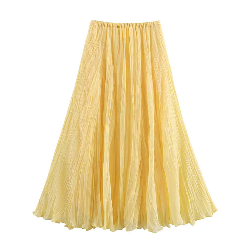 YENKYE Vrouwen Crinkle A-lijn Midi Boter Gele Rok Elastische Taille Lente Zomer Vakantie Elegante Rokken Nieuwe 2025 faldas mujer