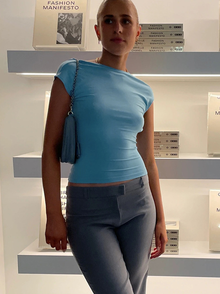 Tops de manga corta con espalda descubierta para mujer, ropa básica ajustada de varias formas, camiseta Sexy recortada, Top corto de verano 2025