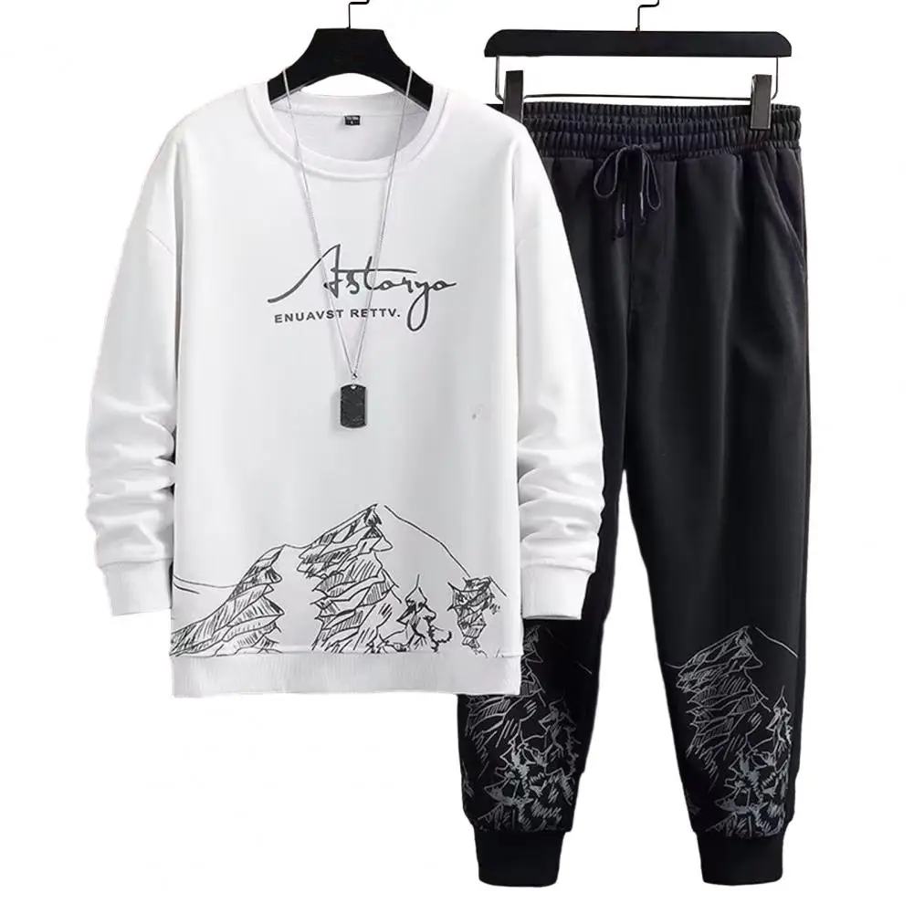 Taschen Jogginganzug Herren Mountain Print Lässiges Trainingsanzug-Set mit O-Ausschnitt Sweatshirt Joggerhose für Herbst Winter Herren