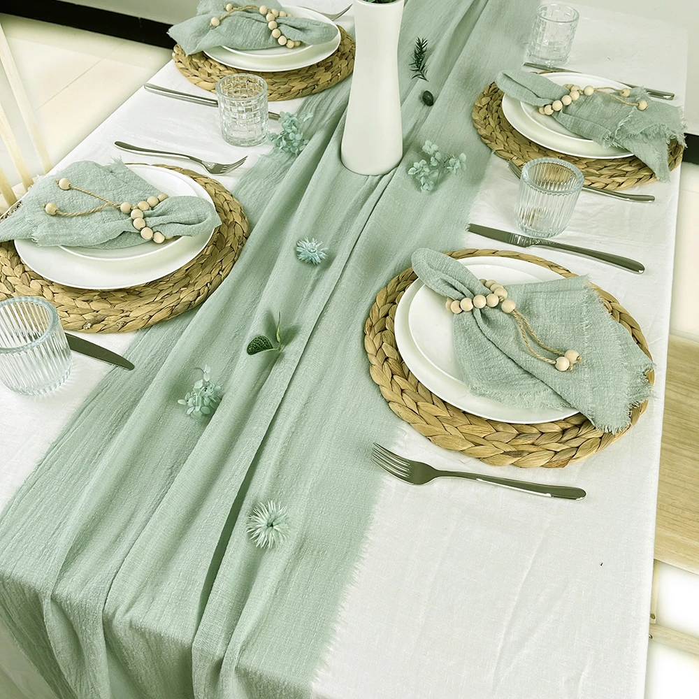 Camino de mesa de boda de algodón de gasa, servilletas de comedor con textura de rebaba Retro salvia, regalo, caminos de mesa de cocina, decoración de mesa de Navidad para el hogar