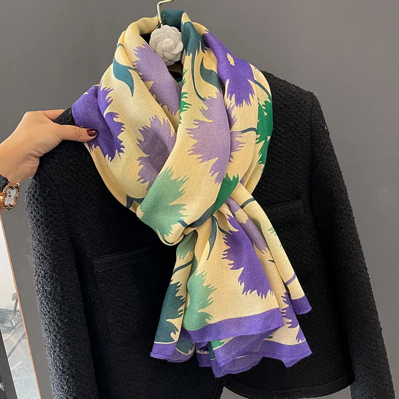 Bufandas florales de algodón y lino para mujer, bufandas azules suaves para madres, collares de chal de moda, primavera y otoño, nuevas