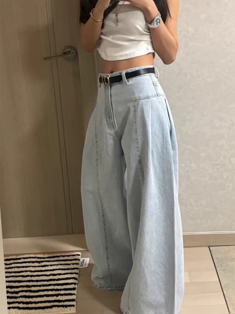 Spring New Chic High Waist Wide Leg Denim Jeans Women's Straight Leg Long Pants Waed Design Slimming Effect Blue Jeans