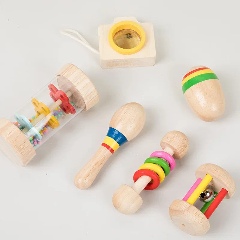 6 unids/set de juguetes de instrumentos musicales de madera, sonajero pequeño, martillo de arena, bola de arena, caleidoscopio de campana para sacudir, juguetes de práctica de agarre