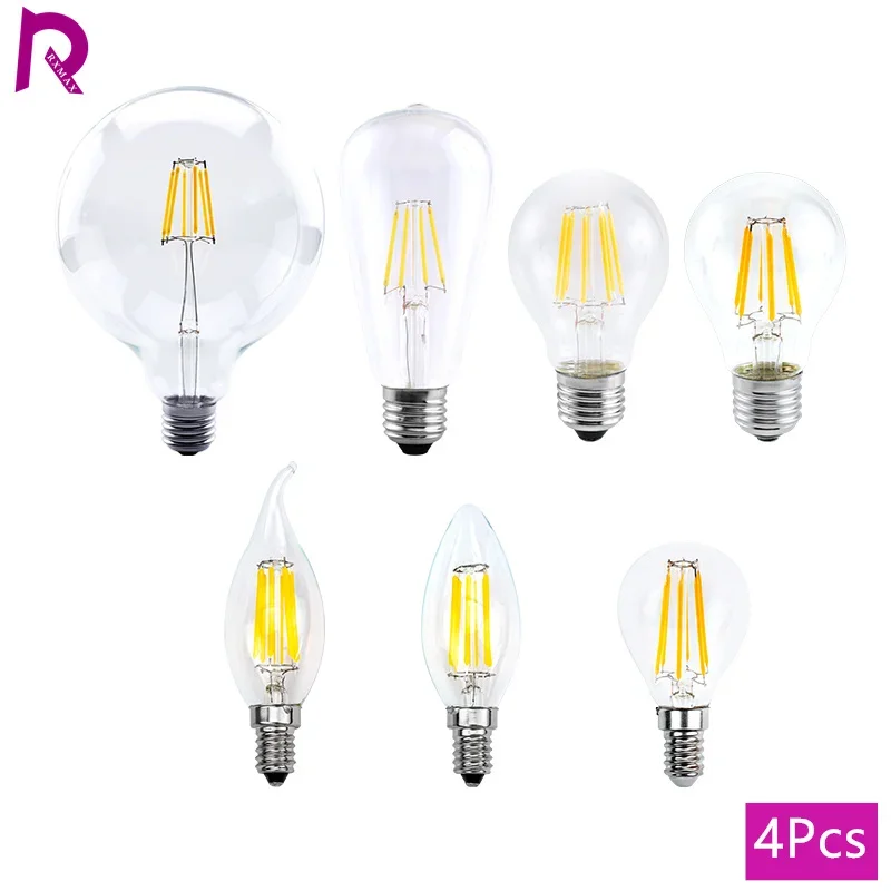4PCS LED Edison Filament Light Bulbs Glass C35 A60 ST64 G80 G95 E27 E14 2W 4W 6W 8W AC 220V 2700K 6000K 360 Degree Energy Lamps