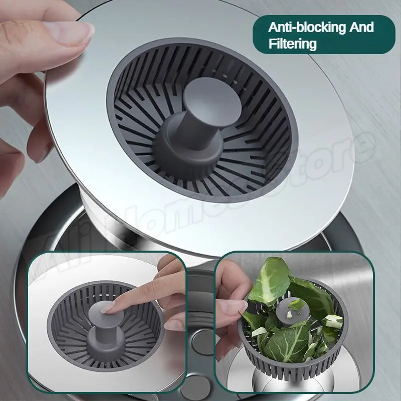 ห้องครัวกรองอ่างล้างจาน 3 ใน 1 Pop Up ABS Silver Plated Sink Strainer ตะกร้าระบายน้ําหยุดการอุดตัน Bouncing Core Leak-proof Plug