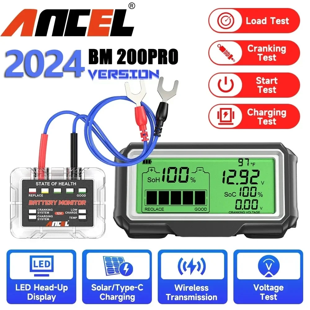 ANCEL BM200 PRO 12V LED probador de batería de coche Monitor pantalla frontal impermeable SOH SOC herramientas analizadoras de capacidad de batería de carga
