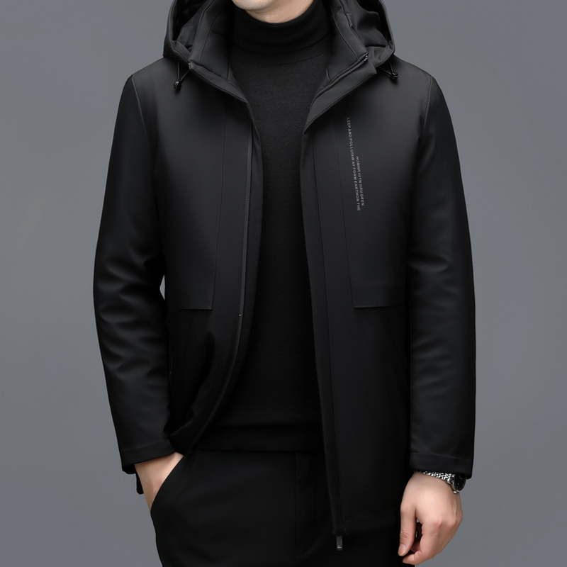 YX-2612 Herren-Daunenjacke mittler bis lang, verdickt und warm für den Winter, dicker weißer Entendaunenkuchen, lässige Jacke überwindend