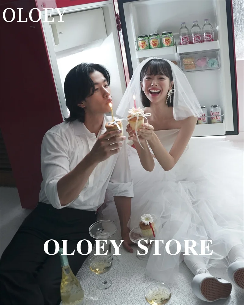 OLOEY 화이트 프릴 얇은 명주 그물 웨딩 드레스, 한국 사진 촬영 얇은 명주 그물 공주 신부 가운, 맞춤형 결혼, 2 피스