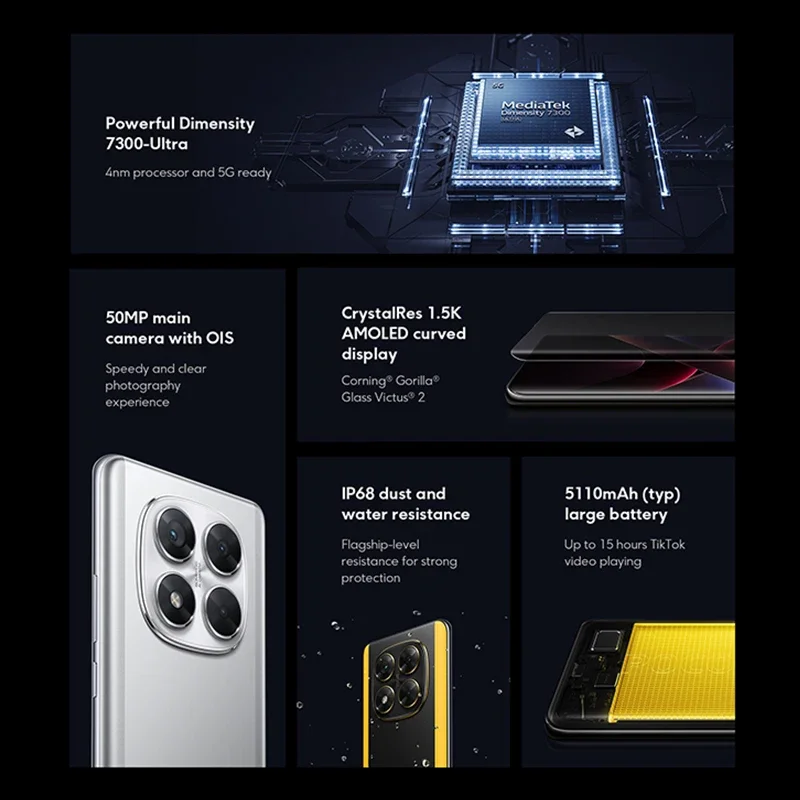 POCO X7 Smartphone versión Global, 256GB/512GB, Dimensity 7300-Ultra 6,67 ", 1,5 K, 45W de carga, 5110mAh, IP68, 5G, NFC