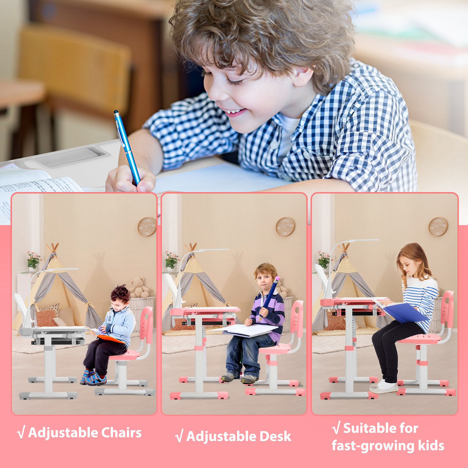 Verstellbares rosa Kinder-Studientisch- und Stuhlset mit 0-55 °   Neigbarer Schreibtisch – Ergonomische multifunktionale Möbel für das Lernen zu Hause