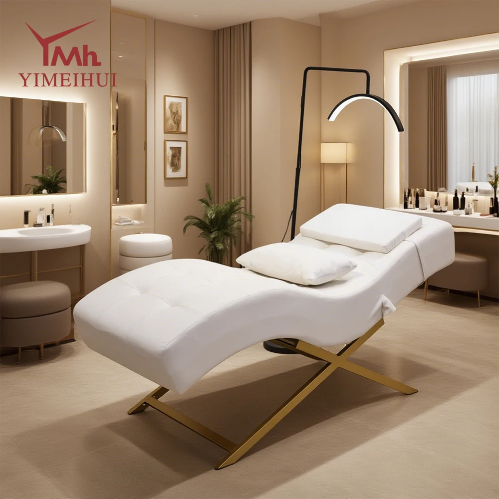 Cama facial de veludo curvo branco com design moderno e luxuoso, cama de massagem spa para salão de beleza