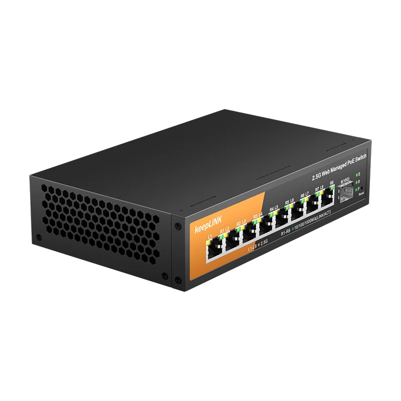 Switch gerenciado multigigabit de 9 portas KeepLink com PoE de 8-2,5 Gbps e SFP + Uplink de 1-10 Gb