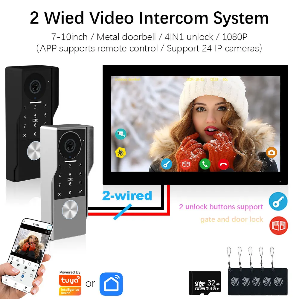 Sistema de intercomunicação de vídeo digital com 2 fios, tuya smart 1080p, câmera de vídeo, campainha, suporte para portão e fechadura de porta, controle remoto