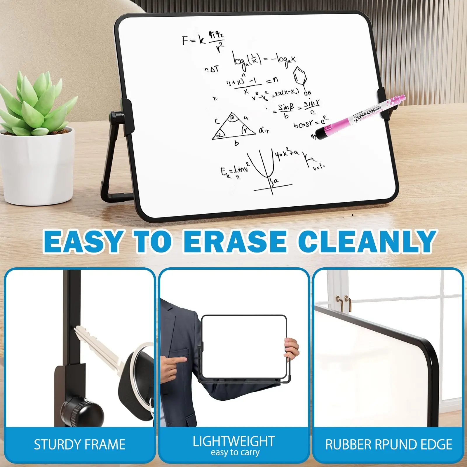 A4 Double-Sided Magnetic Whiteboard Dry Erase Portable Calendar Office Note Message Stand (Black) Easel Writing Tablet Black