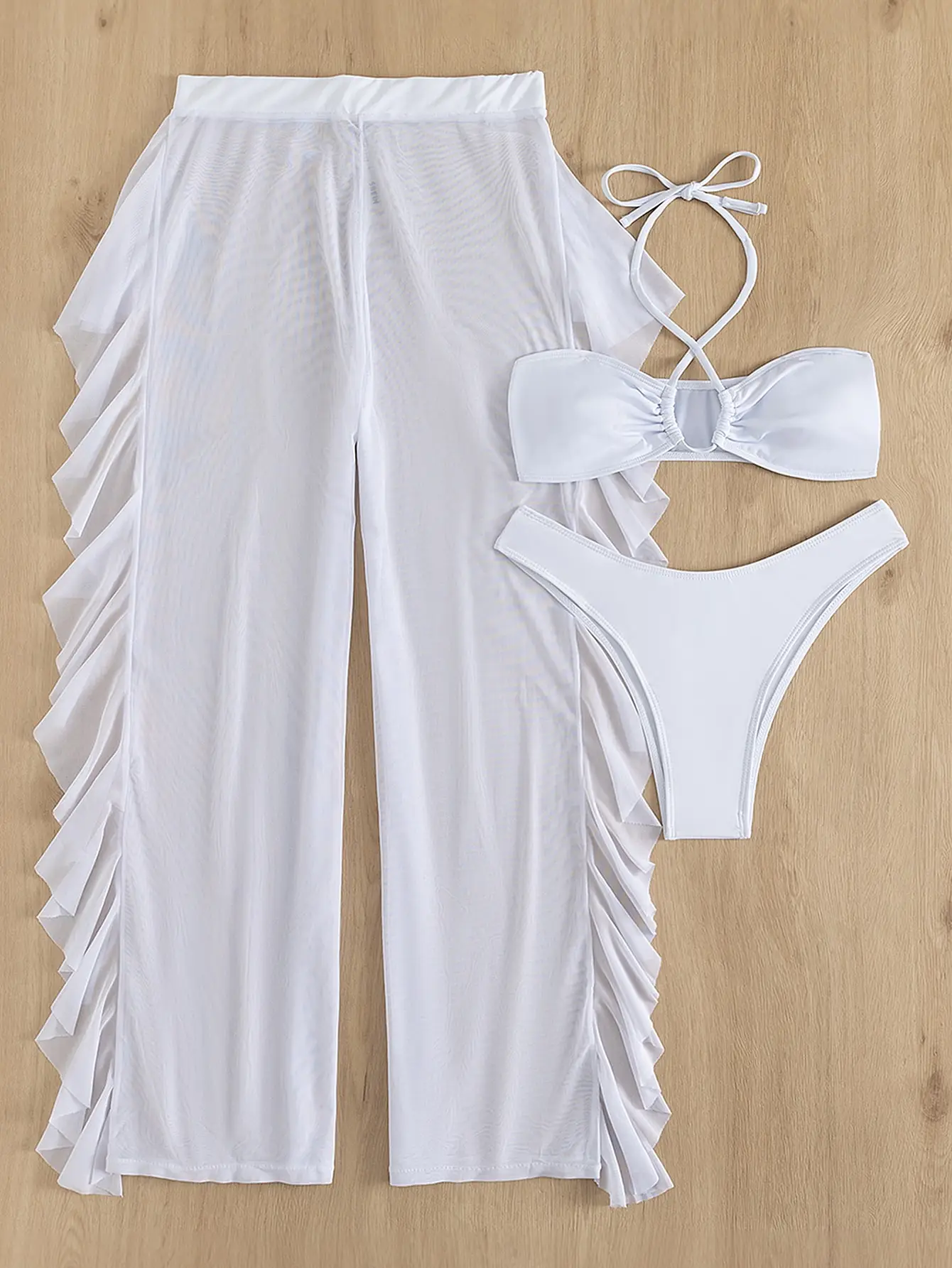 Maillot de bain bandeau pour femmes, ensemble deux pièces, croisé, col licou, avec pantalon à volants, blanc, noir, 2024