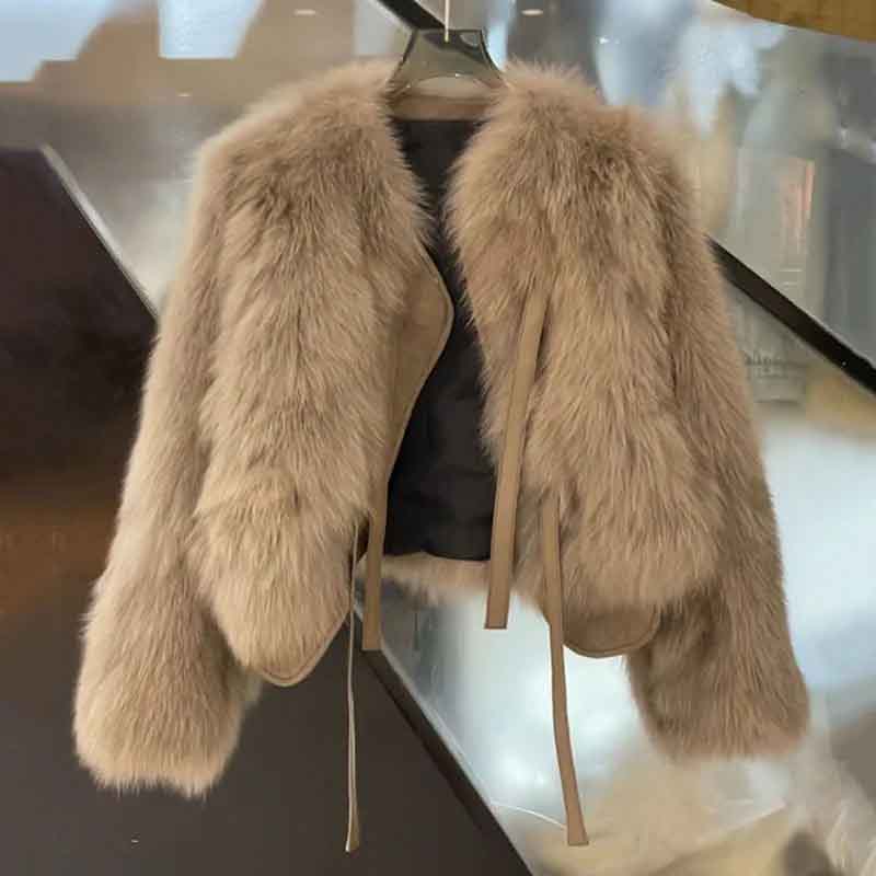 Herfst Faux Fur Crop Jas Vrouwen Y2K Mode Streetwear O Hals Pluizige Korte Bont Jas Koreaanse Elegante Lace Up Faux Vossenbont Parka