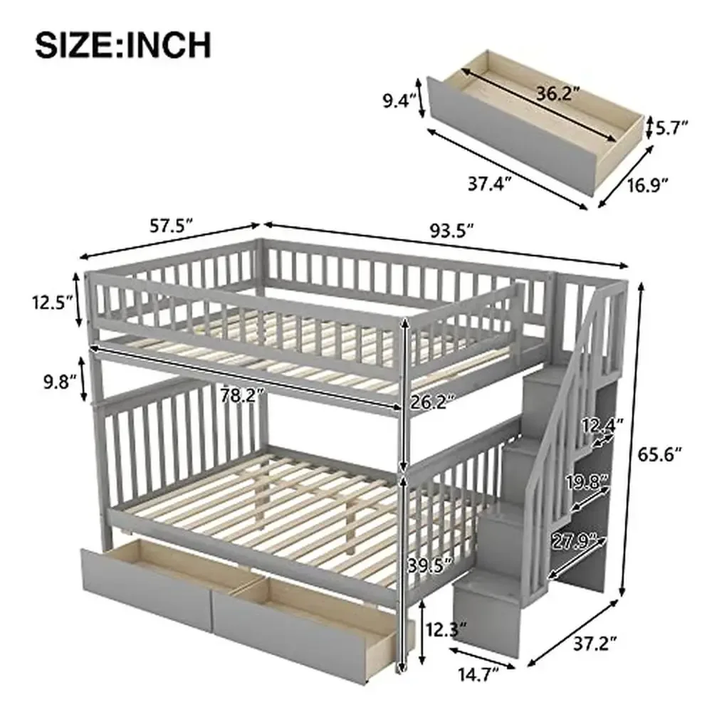 Solid Wood Full Over Full Bunk Bed with Stairway and Storage Drawers Gray 250lbs Weight Capacity