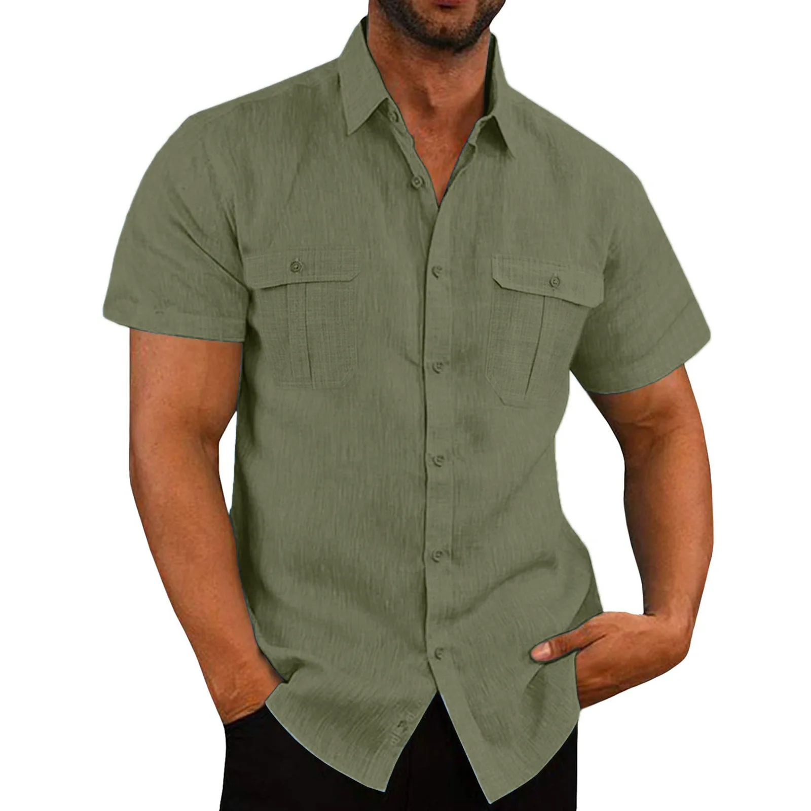 Shirts for Men Handmade Shirt Man Double Pocket Shirt Short Sleeve Men Shirt Linen Shirts for Men Men Cotton Shirt Short Sleeve