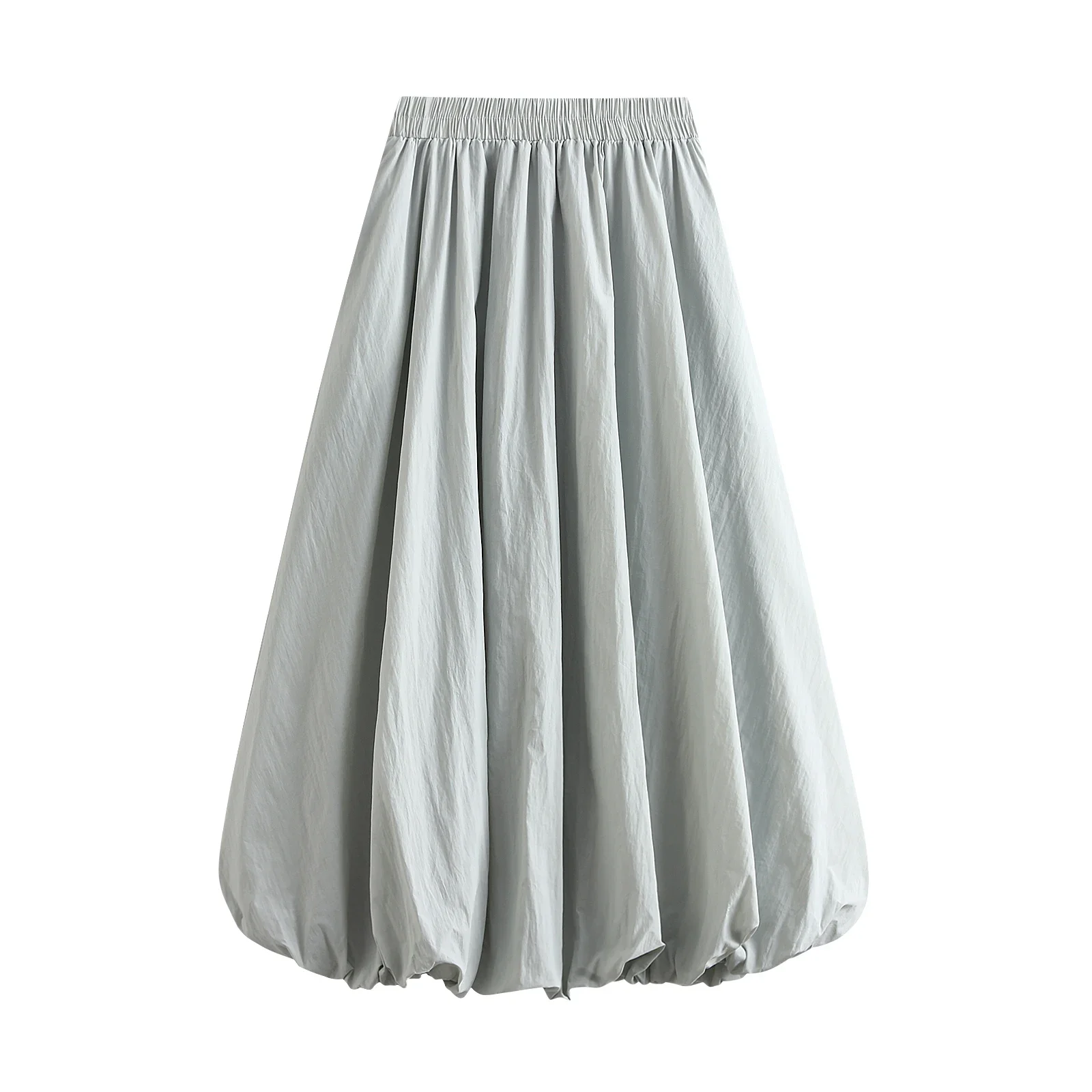 Combhasaki Women's Elegant Elastic High Waist Solid Color A-Line Pleated Puffball Hem Casual Flowy Balloon Bud Midi Skirts
