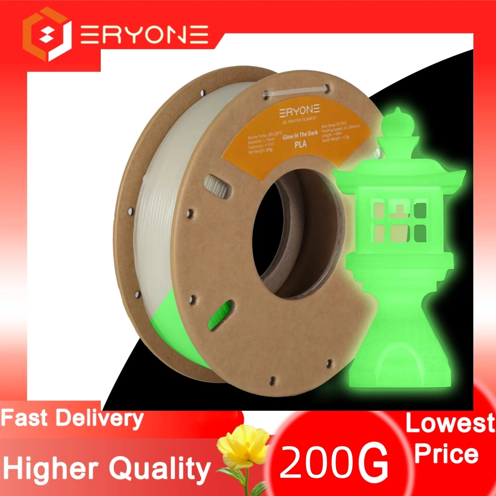 Eryone 200G PLA-filament Glow In The Dark Premium 3D-print (absorbeert zonlicht of daglicht), 200 g pla-filament glow in the dark