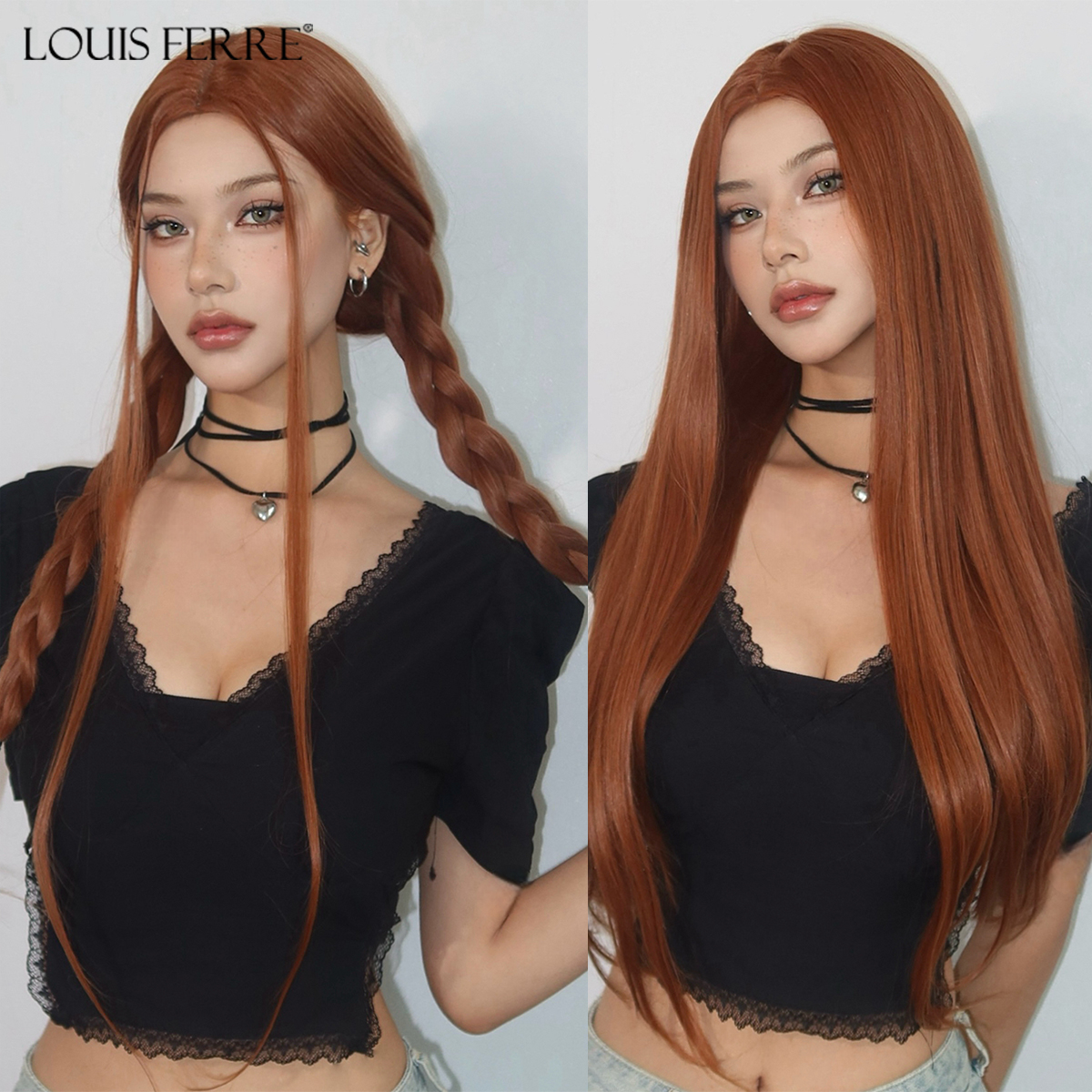 LOUIS FERRE pelucas sintéticas de cobre rojo marrón jengibre de separación media para mujeres cabello Natural para niñas peluca de fibra resistente al calor diaria