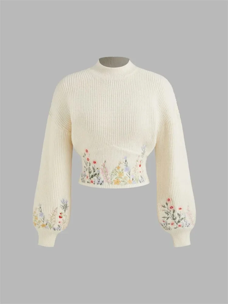 Lässiger Langarmpullover mit Blumenstickerei und Laterne für Damen, Herbst und Winter, eleganter, abgeschnittener Strickpullover mit Stehkragen