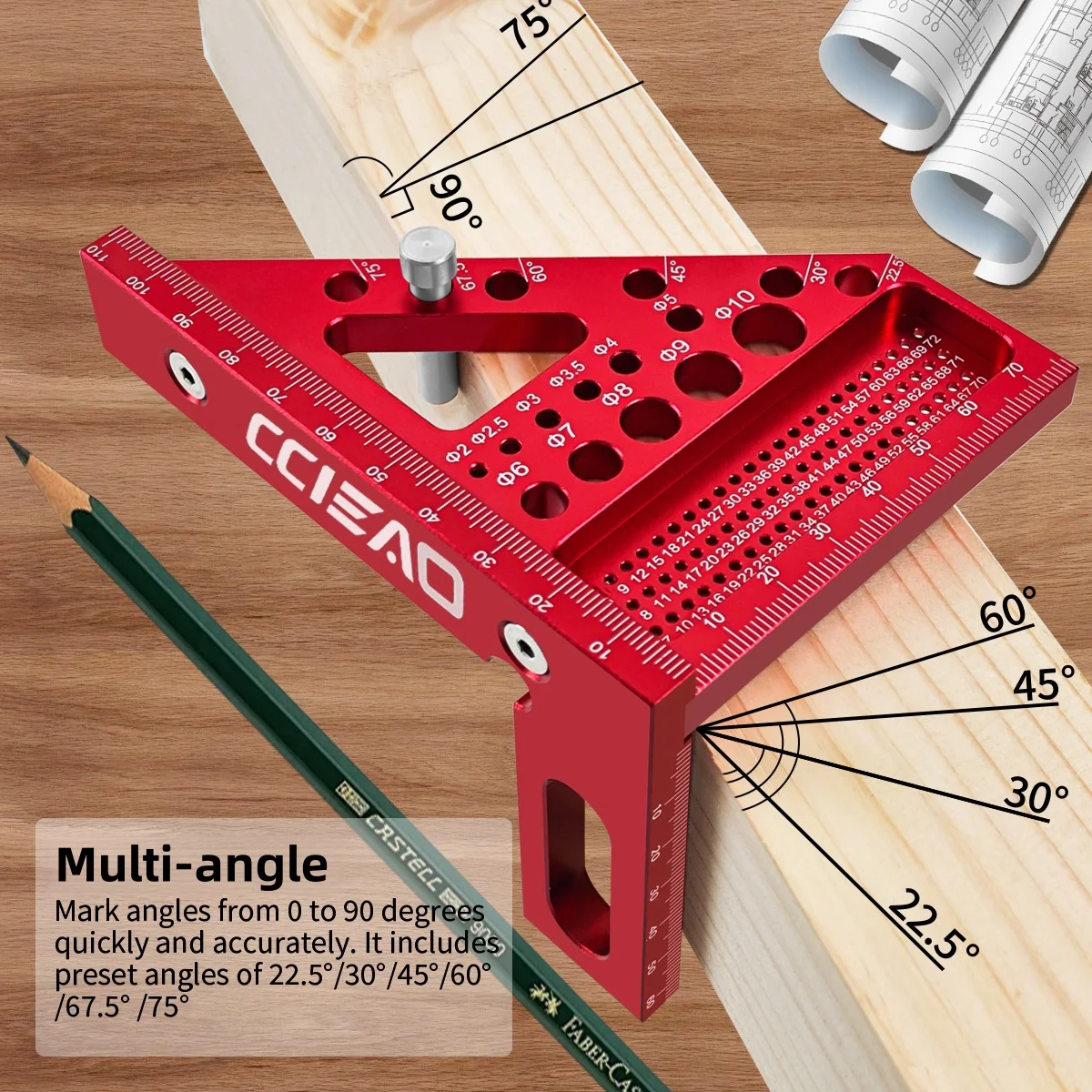 Imperial 3D Multi-Angle Measuring Ruler, 45/90 Degree Aluminum Alloy Woodworking Square Protractor for Engineer Carpenter