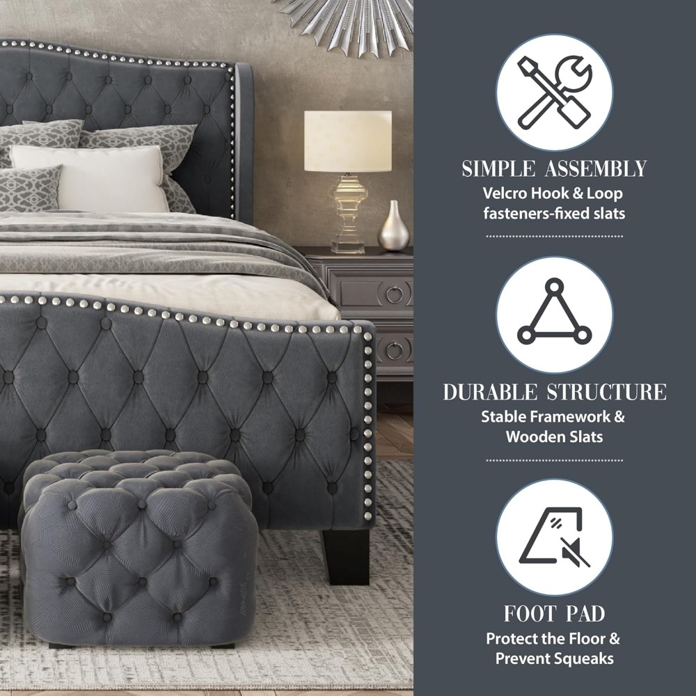 King Size Bed Frame with Tall Headboard Upholstered Bed Frame King Platform Bed Luxury Wingback Headback No Box Spring Needed, M