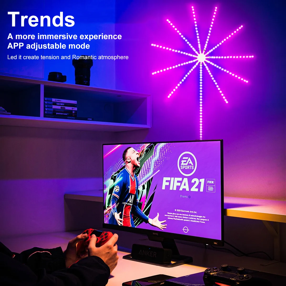 Inteligentne lampki LED RGBUC w kształcie fajerwerków, sterowane przez Bluetooth, z funkcją sterowania głosowego i muzyką, tworzące atmosferę świetlną do sypialni, na imprezy i Boże Narodzenie.
