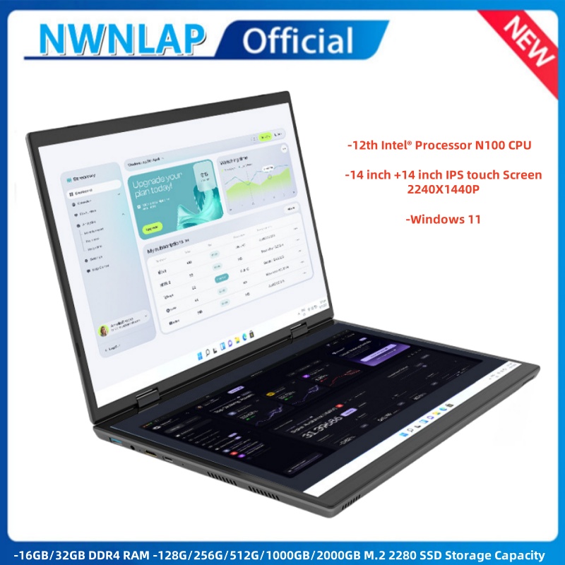 Ordinateur portable double écran 14 + 14 pouces 2K écran tactile 16GB Intel N100 CPU 360 degrés boîtier en métal rabattable ordinateur portable 2 en 1