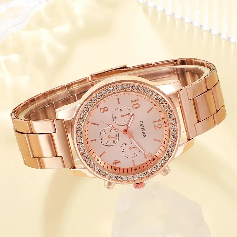 Conjunto de 6 uds. De reloj de lujo de oro rosa para mujer, anillo, collar, pendiente, reloj de pulsera de moda con diamantes de imitación, relojes de pulsera informales para mujer