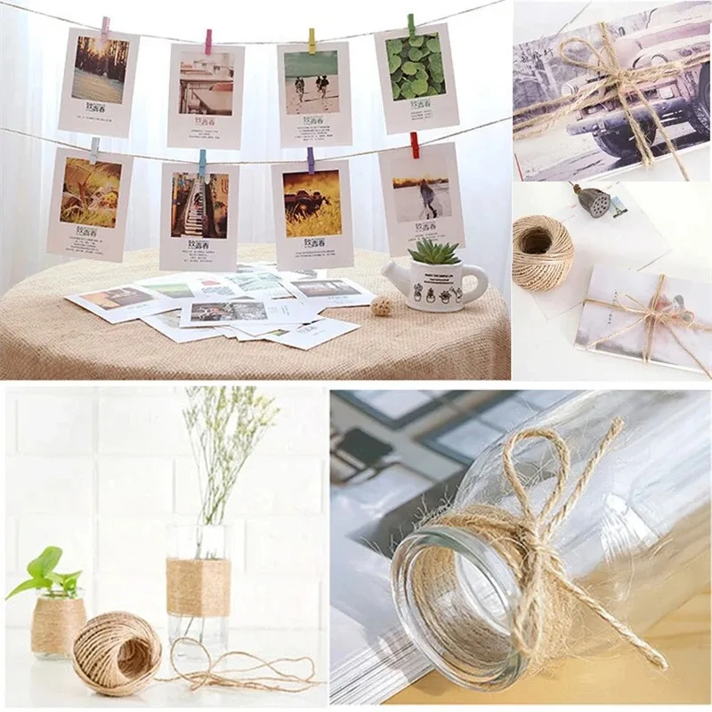 50/80/100M1- 2 มม.เชือกปอกระเจาธรรมชาติริบบิ้นหัตถกรรม DIY Vintage Jute Cord Twine ด้ายเย็บงานแต่งงานตกแต่ง