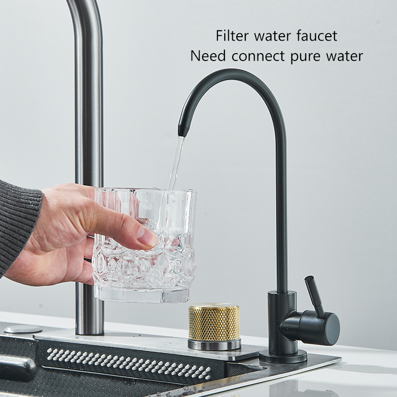 Évier de cuisine cascade en acier inoxydable 304, grand fente unique intégrée 60x45cm, ensemble de robinets, lave-tasse, tête de pulvérisation extractible à 3 voies