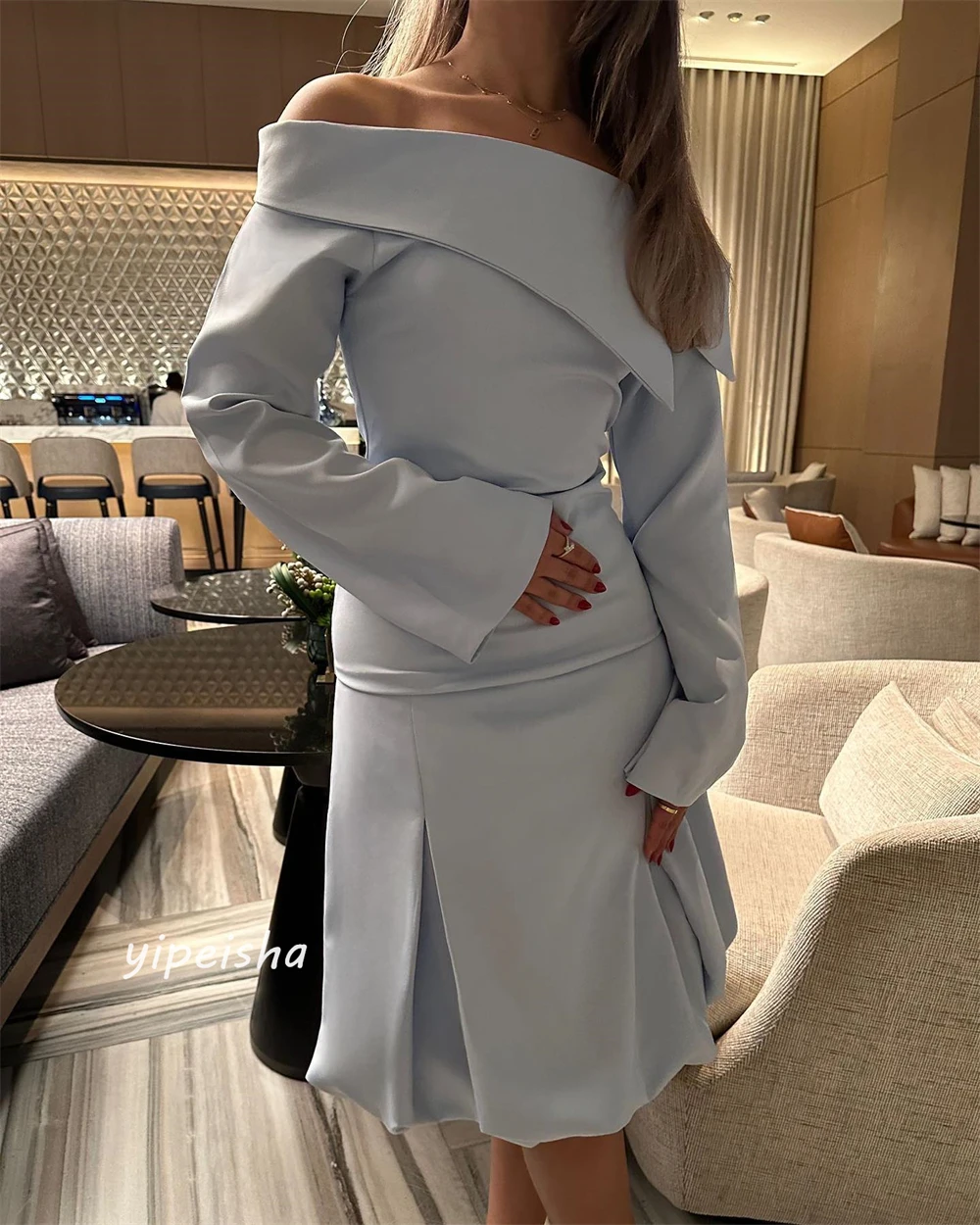 ที่กําหนดเอง JERSEY Draped Pleat PARTY A-Line Off-the-ไหล่ Bespoke โอกาสชุดเข่าความยาวชุด