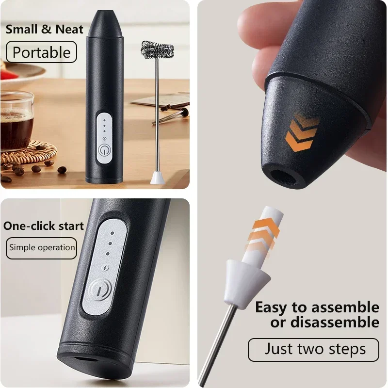 Cordless Electric Milk Frother, USB Recharge Mini Blender for Coffee Cappuccino Foam Maker Whisk 3 Speeds Handheld Milk Foamer