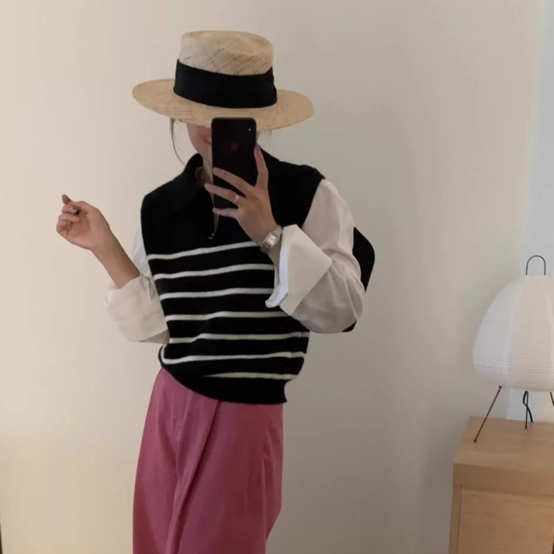 Retro Revers Rits Gestreept Gebreid Vest Vrouwen Herfst Winter Koreaanse Mode Mouwloze Truien Casual Eenvoudig Pullover Vest