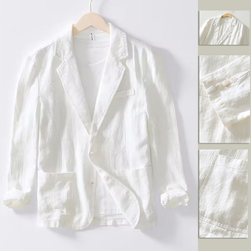 2025 Nieuw Wit Zwart Blauw Reiskwaliteit Heren Casual Pak Herfst Katoen Linnen Losse Effen Kleur Dunne Regelmatige Casual Jasje