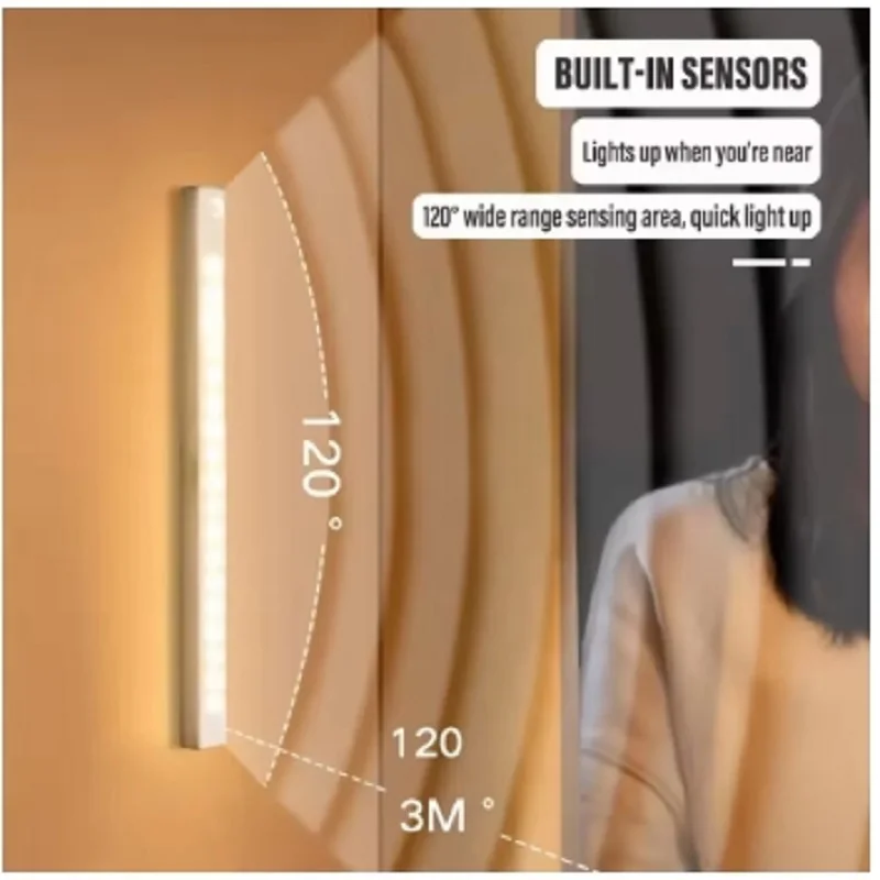 Luces de barra LED recargables, Sensor de movimiento, luz nocturna regulable, lámpara de gabinete de inducción portátil para cocina y habitación tipo C