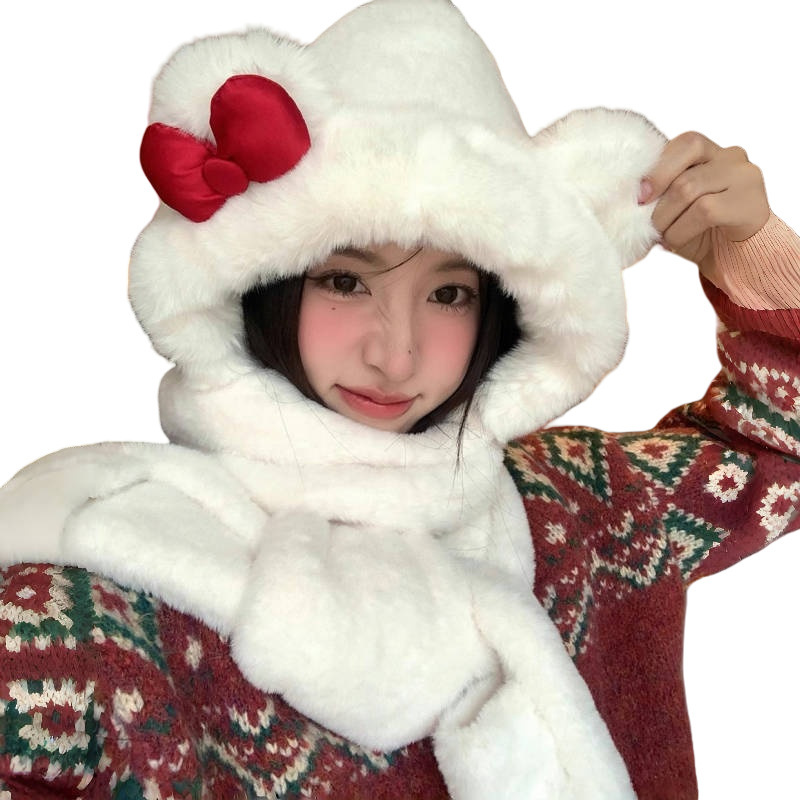 Gorro con lazo dulce de Hello Kitty, bufanda y guantes, conjuntos de felpa de 3 uds, gorros peludos de felpa cálidos y gruesos de invierno para mujer, conjunto de tres piezas