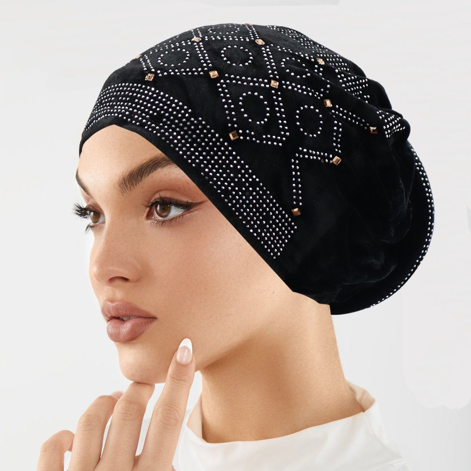 Weiche Samt-Turban-Kappe für Frauen, muslimisches Kopftuch, Motorhaube, elastisches weibliches Kopfschmuck, stilvolle glitzernde Diamanten, afrikanische Kopfwickel