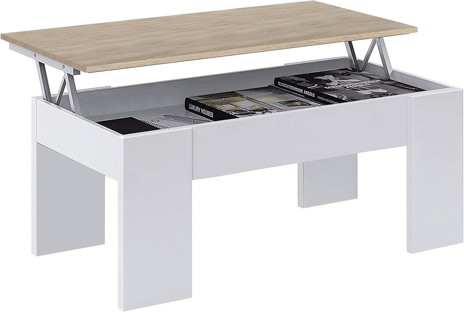 Centro Elevable, Mesita de Salón o Comedor, Modelo LC, Acabado en Color Blanco Artik y Roble Canadian