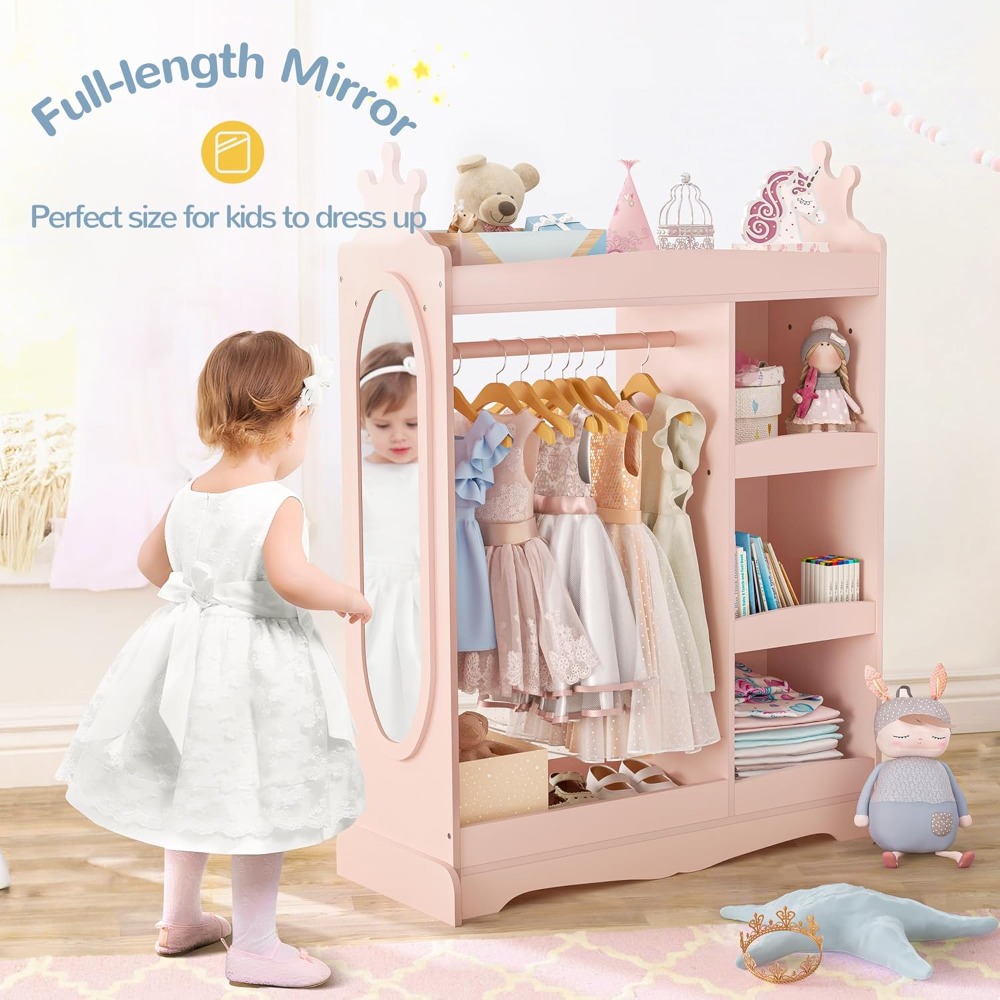 Kids Dress up Storage with Mirror, Kids Wardrobe with 3 Hooks, Kids Closet for Girls Boys, Open Hanging Armoire Costume Organize
