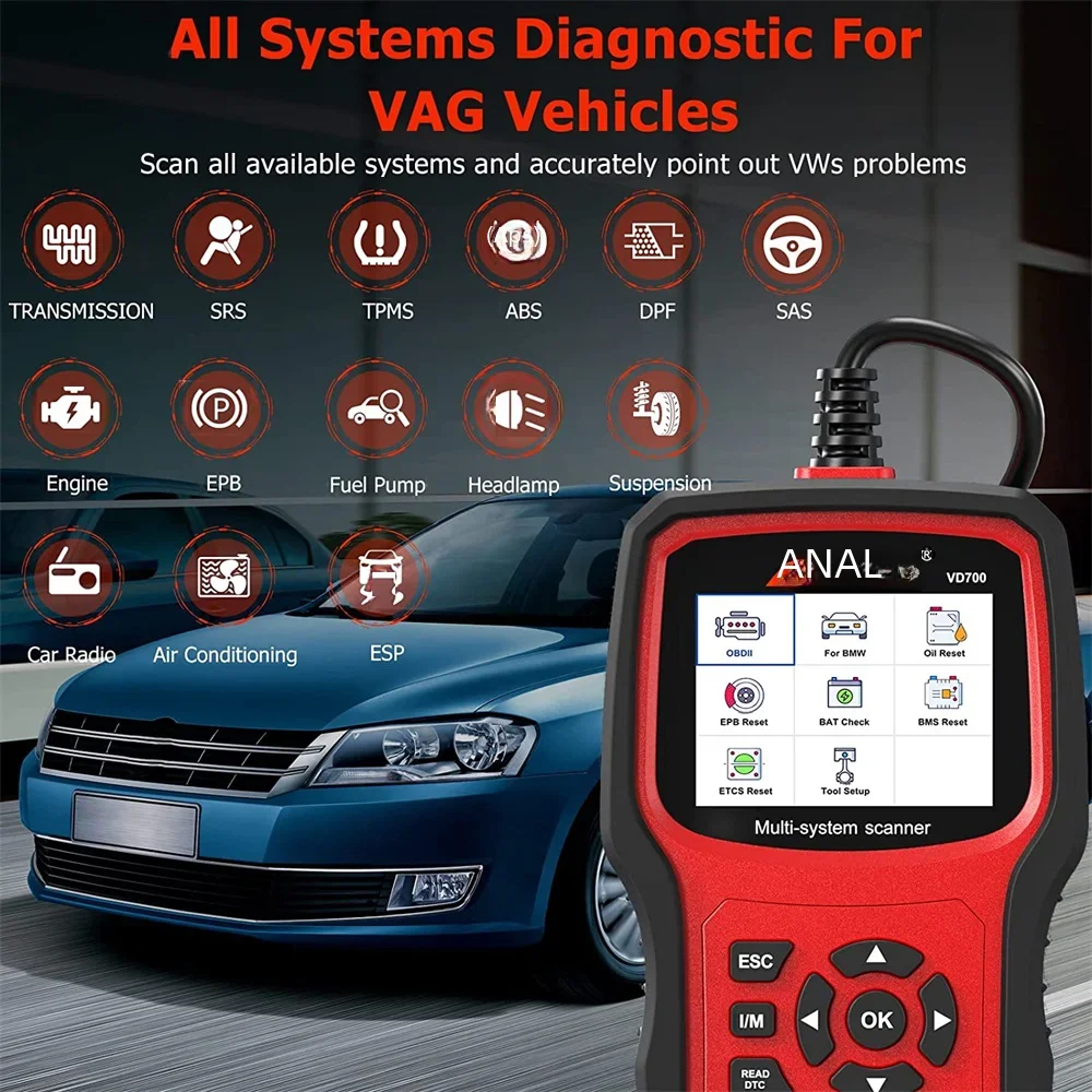 ANCEL VD700 OBD2 Scanner Auto Diagnose Werkzeug Volle System Fehler OBD2 Code Reader Unterstützung ABS/EPB/TPMS/DPF Für VAG VW Audi Skoda