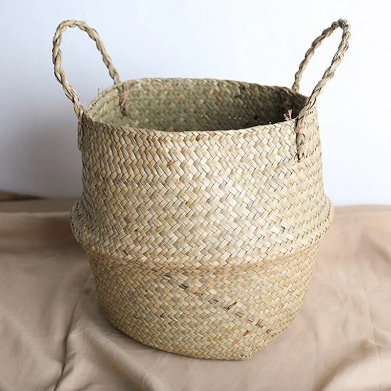 Cesta de mimbre para juguetes, organizador plegable de ratán, cesta de almacenamiento de algas marinas, cesta tejida para lavandería, maceta para plantas y flores para el hogar y el jardín