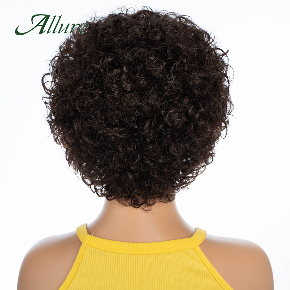 สั้นPixie Afro Kinky Curlyวิกผมสําหรับผู้หญิงสีดําGluelessสีน้ําตาลธรรมชาติBobวิกผมกับBangs Jerry CurlyวิกผมAllure