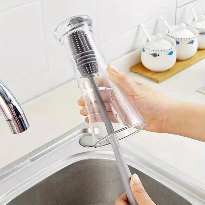 Cepillo de silicona para botella de leche, limpiador de vidrio, herramienta de limpieza de cocina, mango largo, botella de bebida, cepillo de limpieza de tazas de vidrio