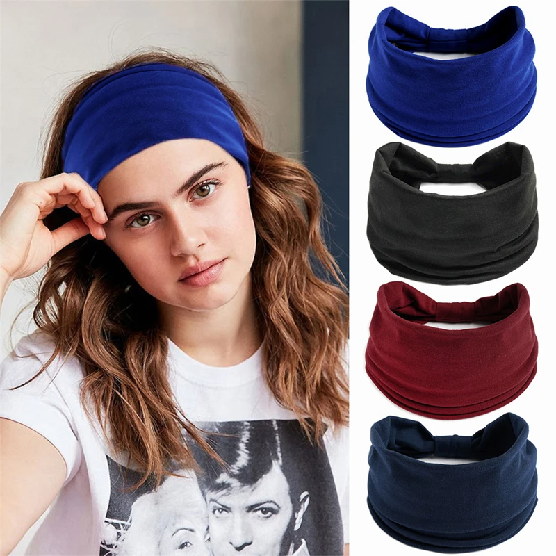 Novo boho cor sólida larga headbands vintage nó elástico turbante headwrap para mulheres meninas algodão macio bandana acessórios de cabelo